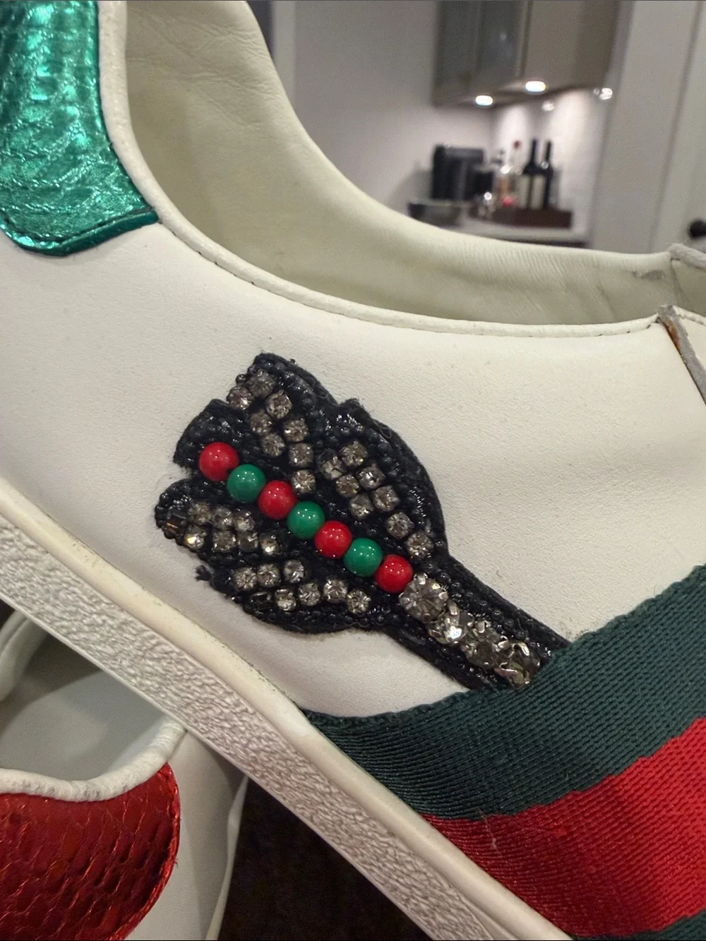 Gucci Leather Sneakers w:Green and Red Stripes and embroidered sequin arrow